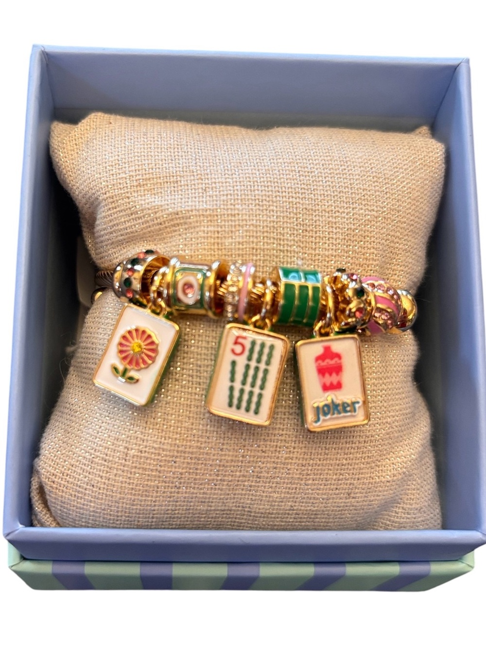 Piper K Mahjong Tiles Gold-Tone Charm Bracelet with Pink & Green Accents